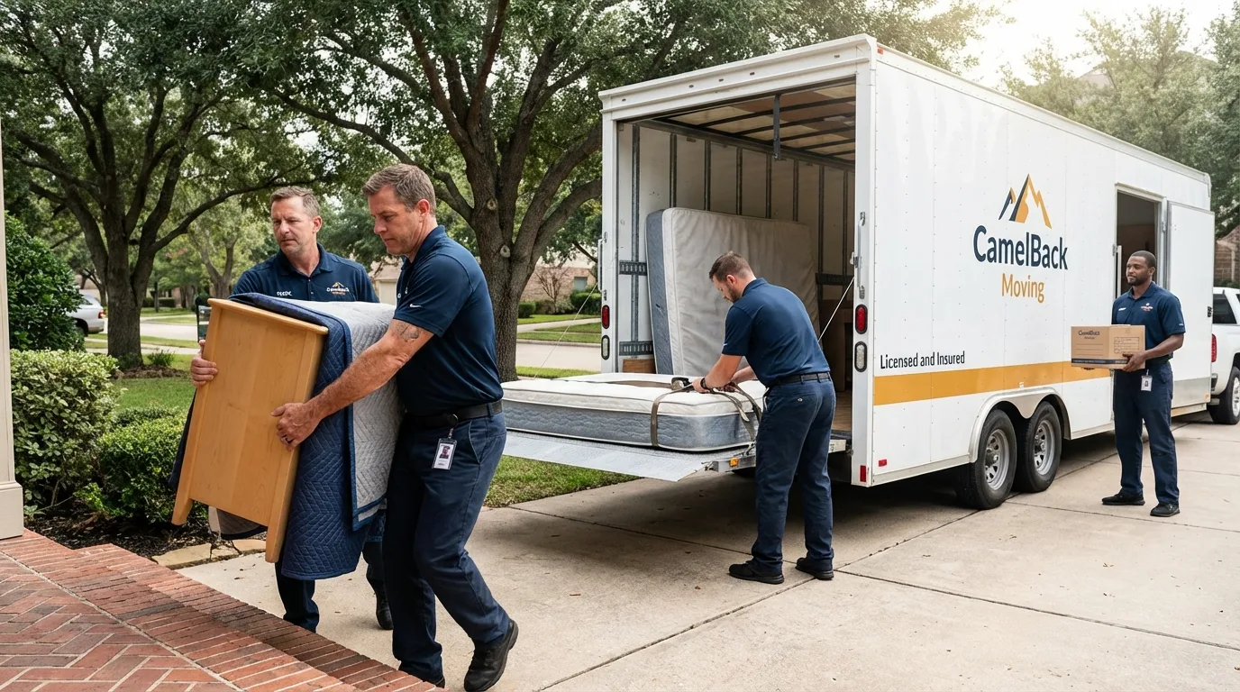 Crew loading residential truck for cross-state move from Perry, OK