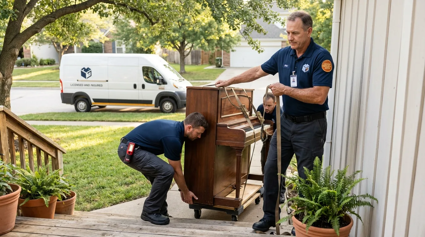 Licensed piano movers securing grand piano in Perry, OK