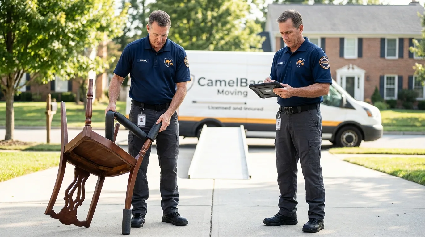 Movers inspecting furniture for damage prevention before loading in Perry, OK